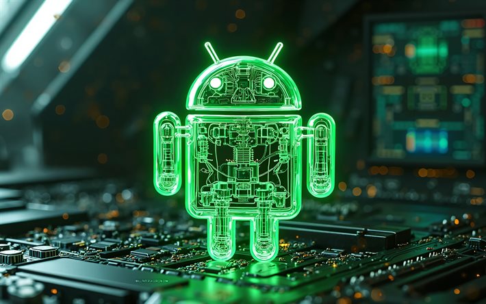 Android robot logo on circuit board - Download Android logo, 4k, dark hi-tech background, Android neon ...