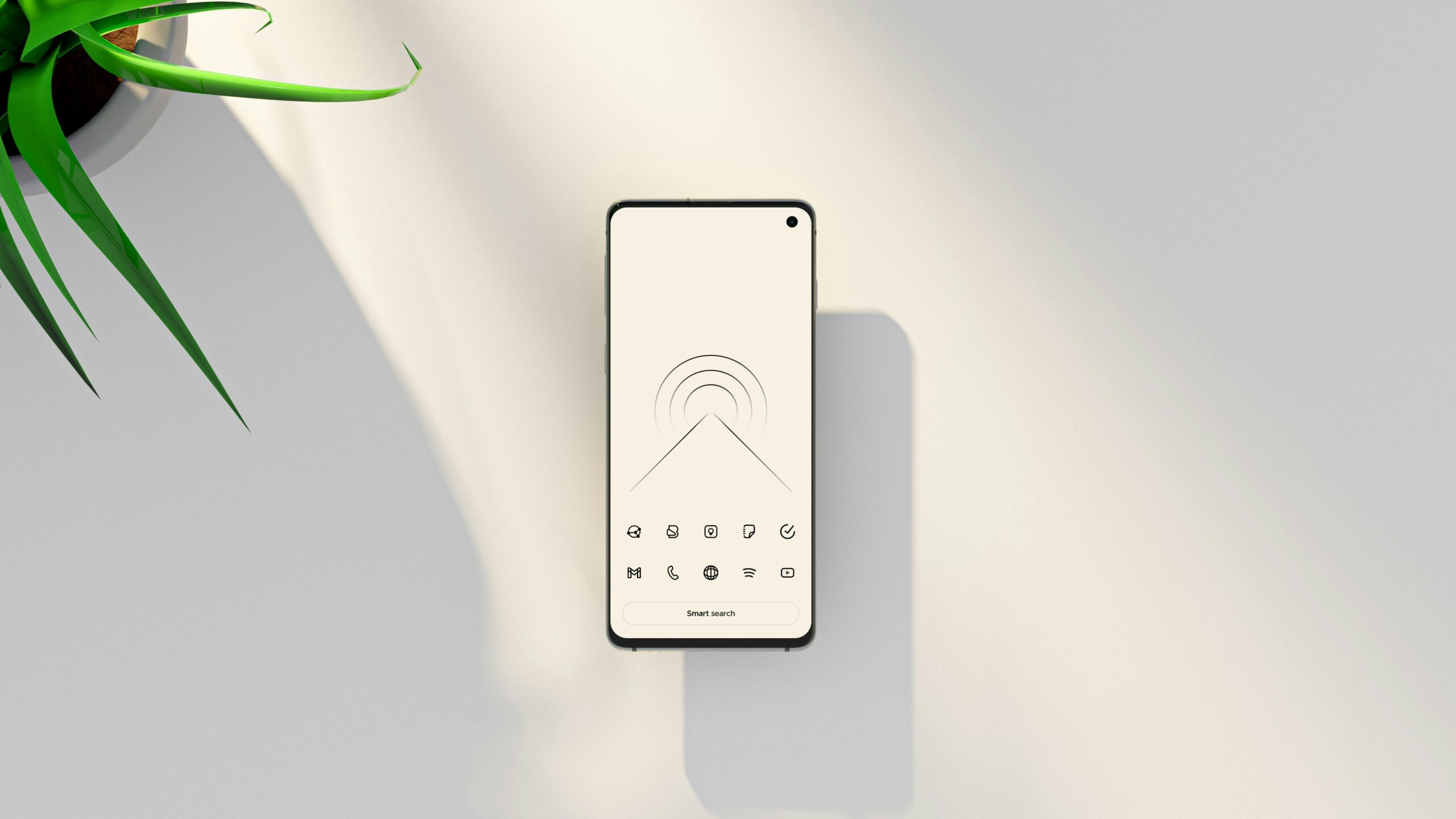 Connected home devices with security padlock icon - Floating Samsung Galaxy S10 in a minimalist 3D scene with plant on the side.