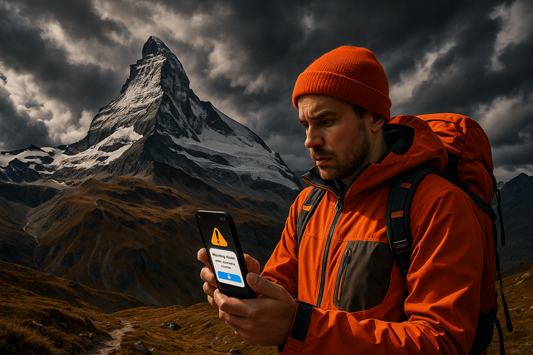 Hiker checking phone for signal in remote mountains - Stay Safe in the Swiss Alps: A Weather & Connectivity Guide ...
