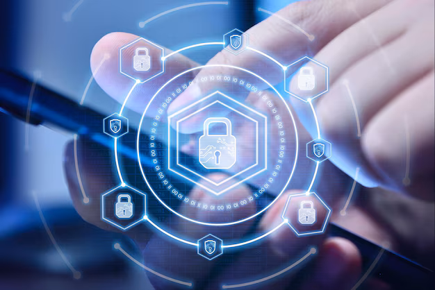 Smartphone with digital lock and security shield - Businessman using smartphone and digital lock icon hologram with ...