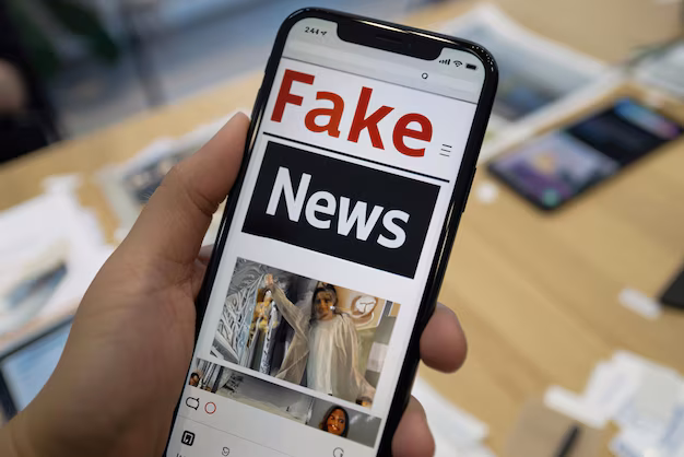 Fake news on smartphone screen - Person sharing fake news via messaging app phone screen showing ...
