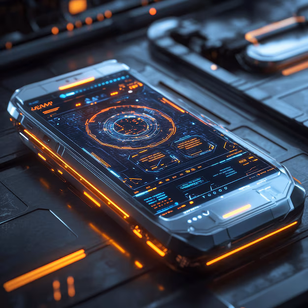 Futuristic phone with glowing interface - Futuristic smartphone with glowing interface and digital display ...