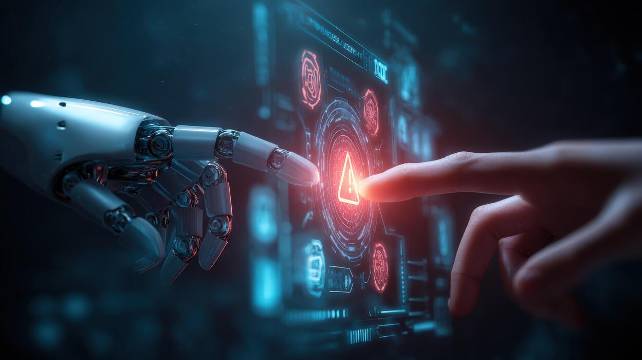 Humanoid robot interacting with futuristic data screen - Futuristic Technology Interface Human and Robot Hand Interacting ...