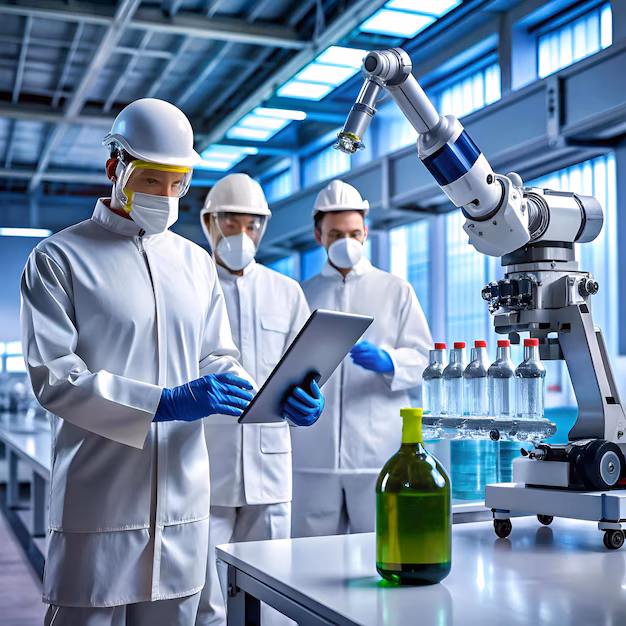 Robotic arm operating a tablet - A team of technicians in lab coats work with a robotic arm using a ...