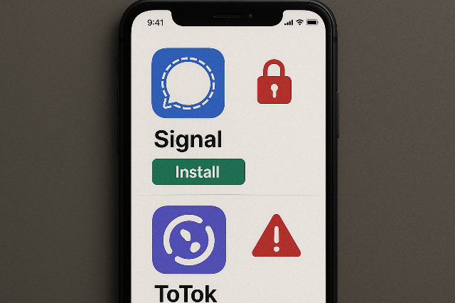phone screen with fake app warning - Android Spyware Masquerades as Signal & ToTok