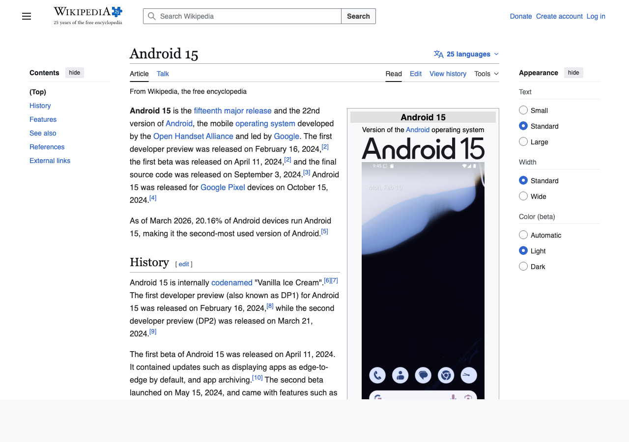 Wikipedia entry for Android 15