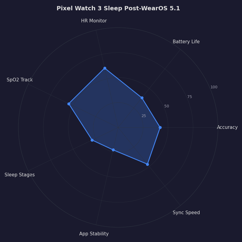 Radar chart: Pixel Watch 3 Sleep Post-WearOS 5.1